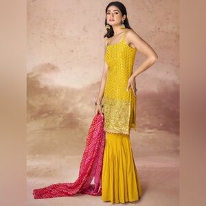 Yellow Embellished Kurta Set with Pink Saree